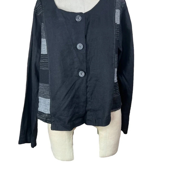 Tara Vao Collarless Button Top in Black Gray Stripe Lagenlook‎ Size XL - Picture 3 of 12